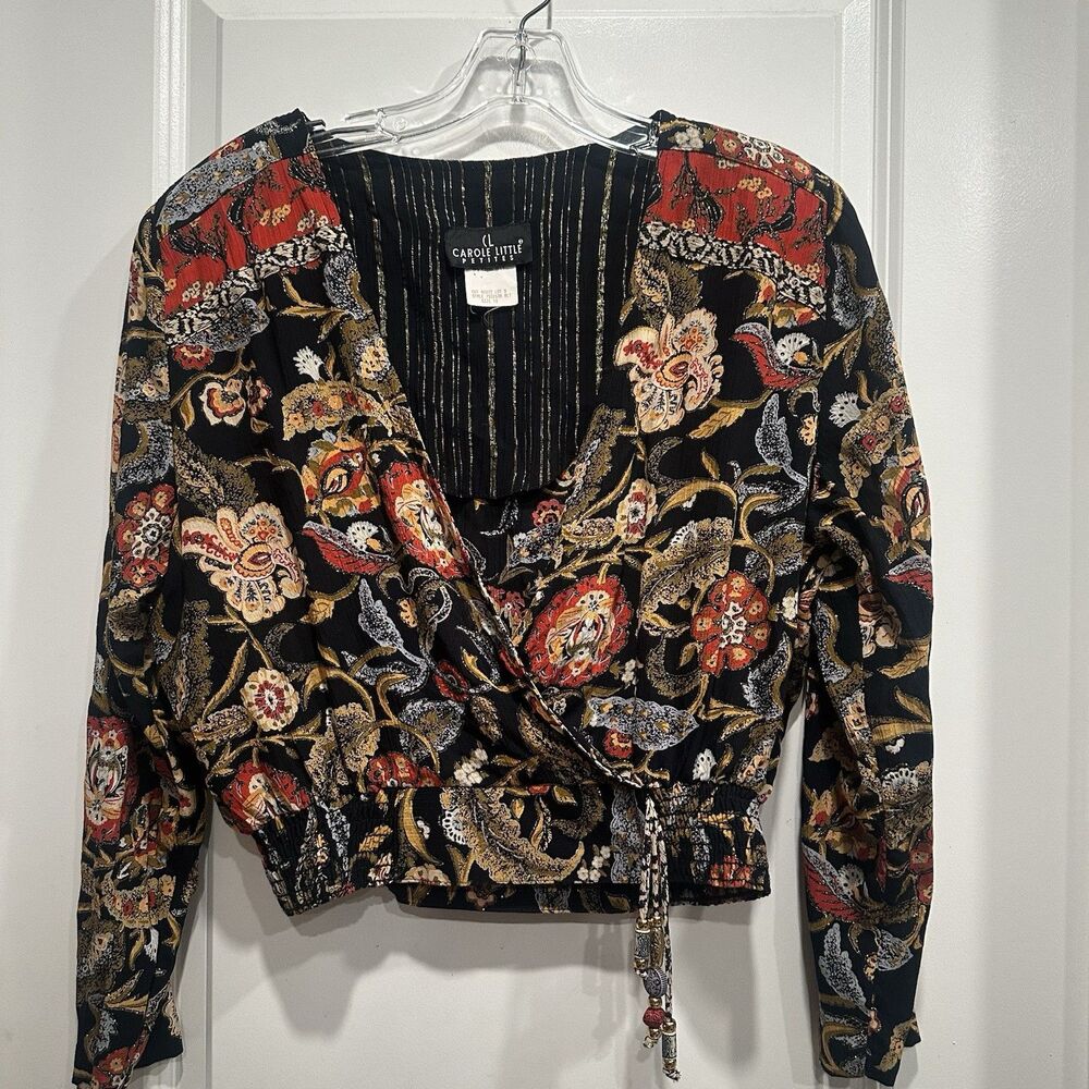 Vintage Carole Little Medium Long Sleeve Cropped V Neck Festival Rodeo Top Flora